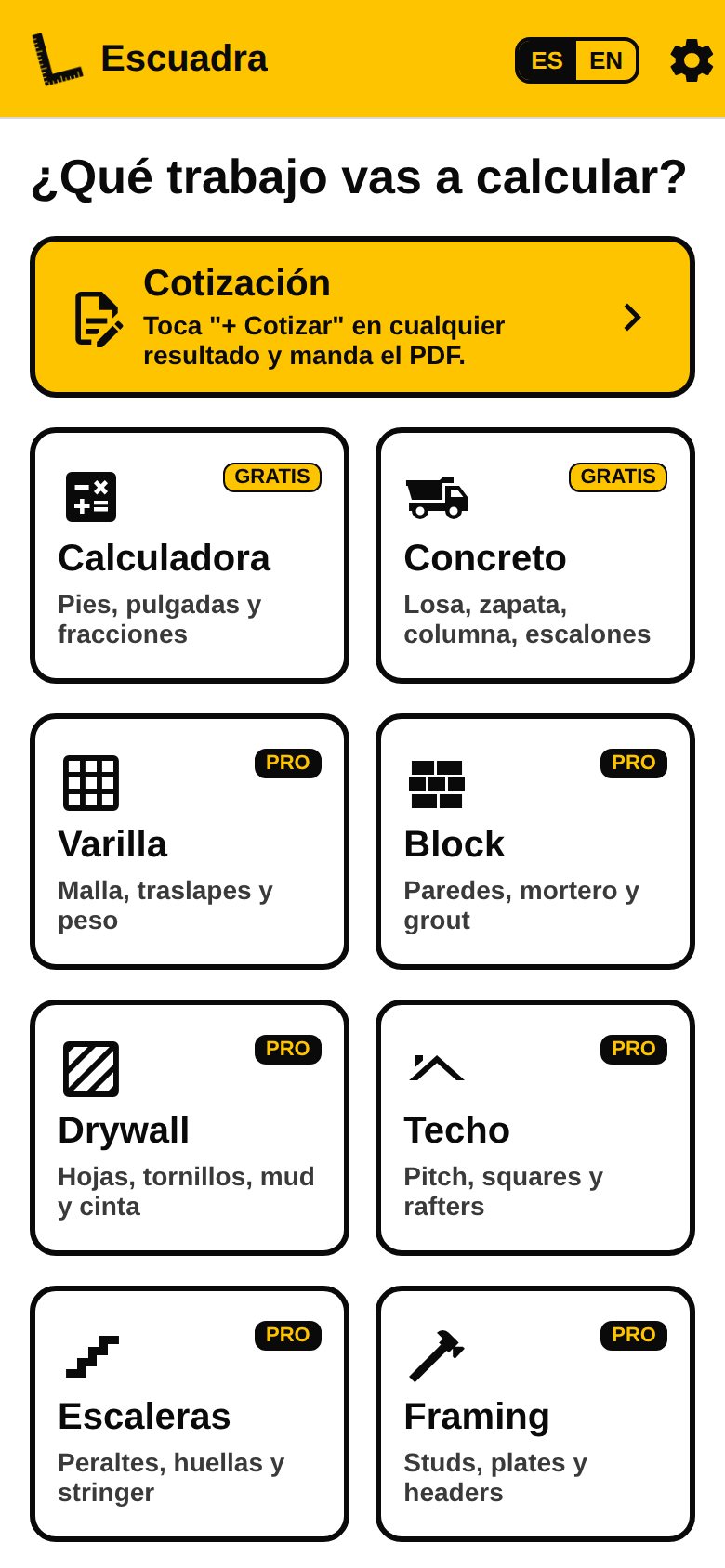 Pantalla de inicio de Escuadra con los trabajos