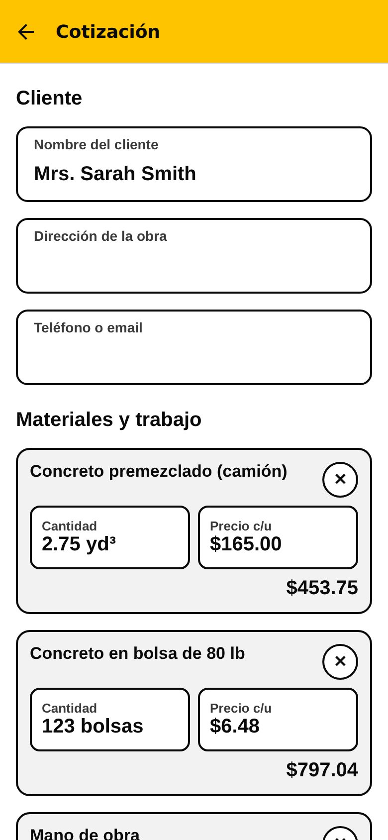 Cotización con cliente, materiales y precios